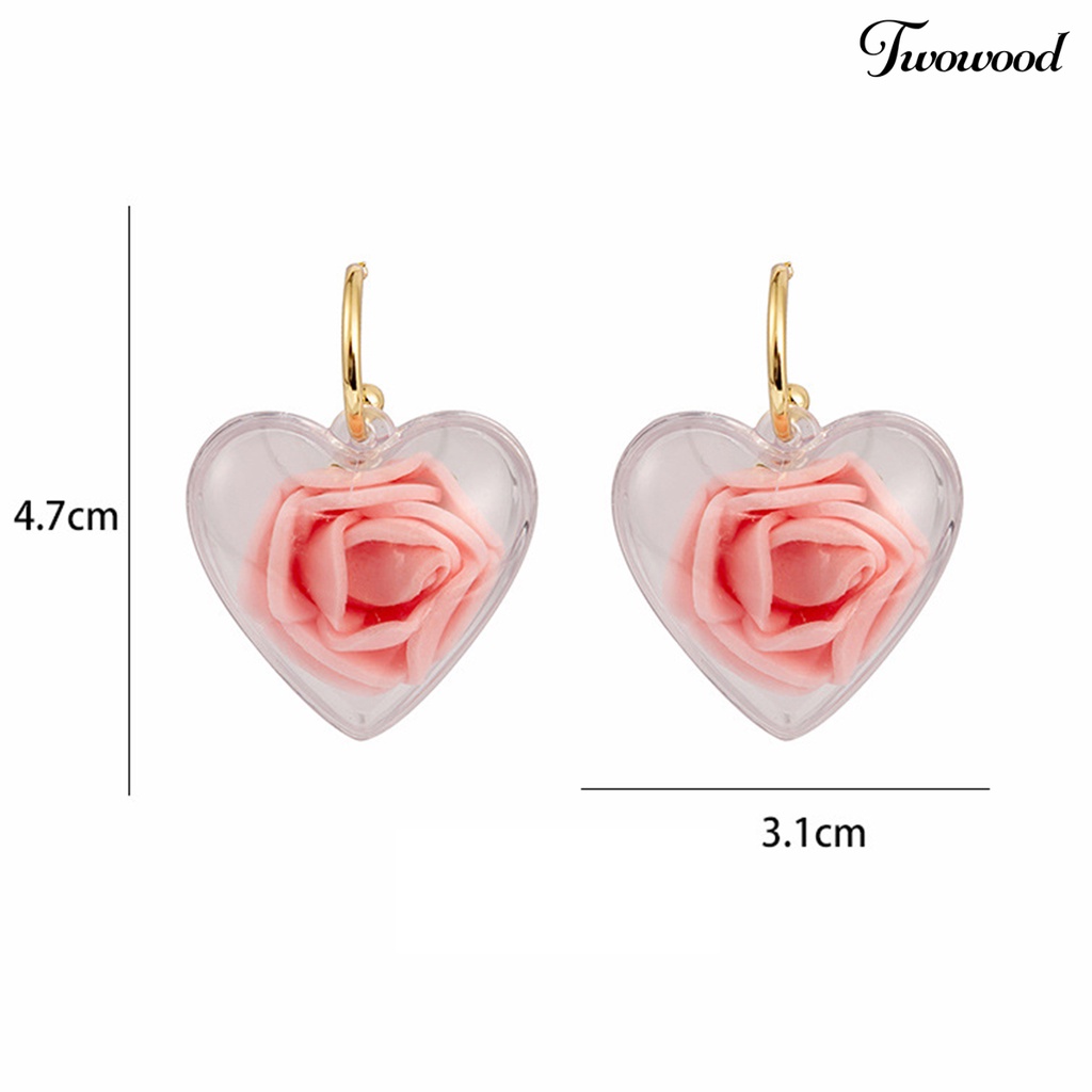 Twowood 1pasang Anting Menjuntai Transparan Berbentuk Hati Elegan Hypoallergenic Ringan Hadiah Fashion Perhiasan Putih Merah Bunga Mawar Dekorasi Drop Earrings Untuk Hari Valentine