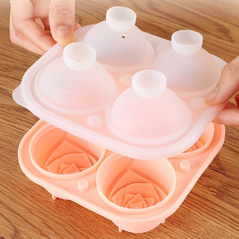 Aksesori Dapur Reusable Food Grade Silicone Mold 4rongga Buah Yoghurt Whisky Ice Mold Alat Pembuat Es Krim Ice Cream Besar Untuk Es Batu Dengan Tutup Bentuk Bunga Mawar Ice Ball Tray