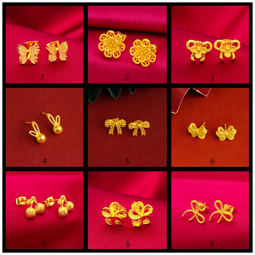 Goldkingdom Aksesoris Perhiasan Fashion Ready Stock Anting Liontin Mini Lapis Emas Cinta Busur Daun Pesona Kelinci Beruntung Styling Ruby Berlian Telinga Studs