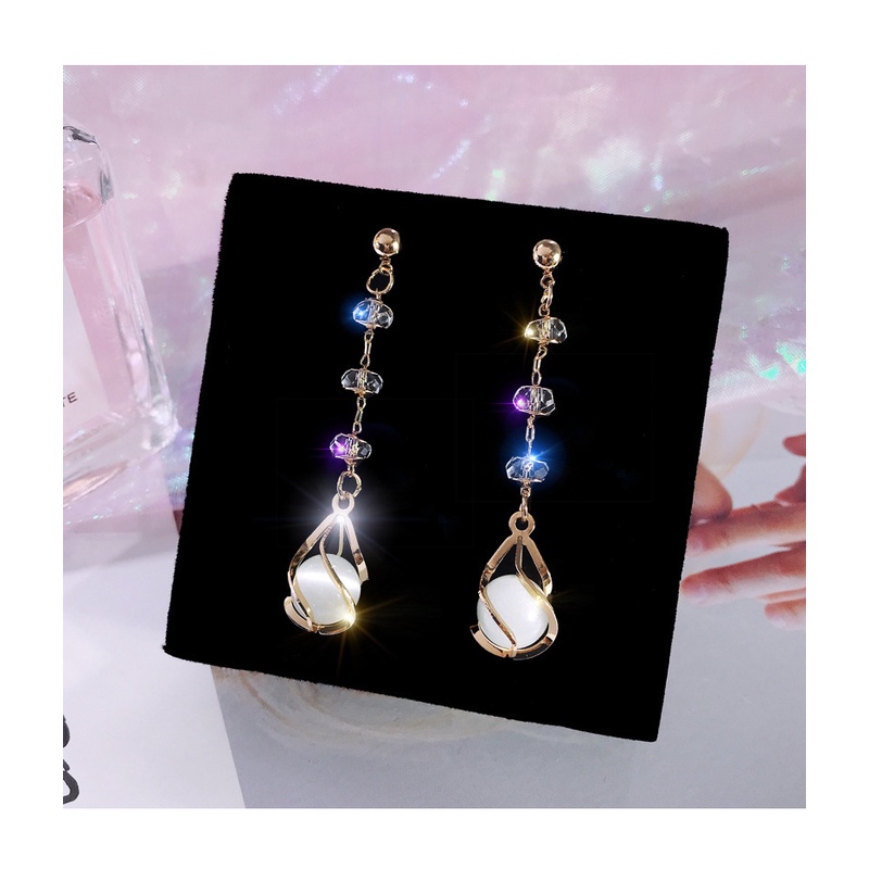 Versi Korea S925 Perak Jarum Berkelas All-Match Kristal Rumbai Anting Panjang Perempuan Opal Hias Liontin Anting Earrings