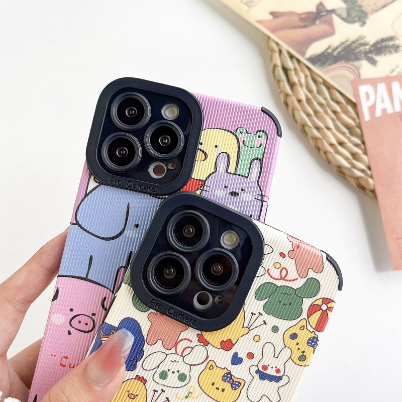 IPHONE Untuk Iphone14 13 12 11 Pro MAX X XR XS Max7 8 Plus Kartun Hewan Lucu Vertikal grain Protection soft Case