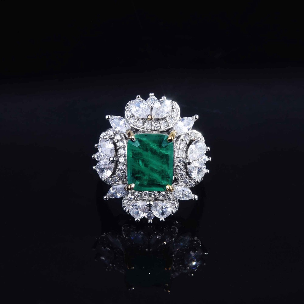 Goldkingdom Aksesoris Perhiasan Fashion Ready Stock Emerald Square Mewah Full Berlian Cincin Adjustable Untuk Wanita