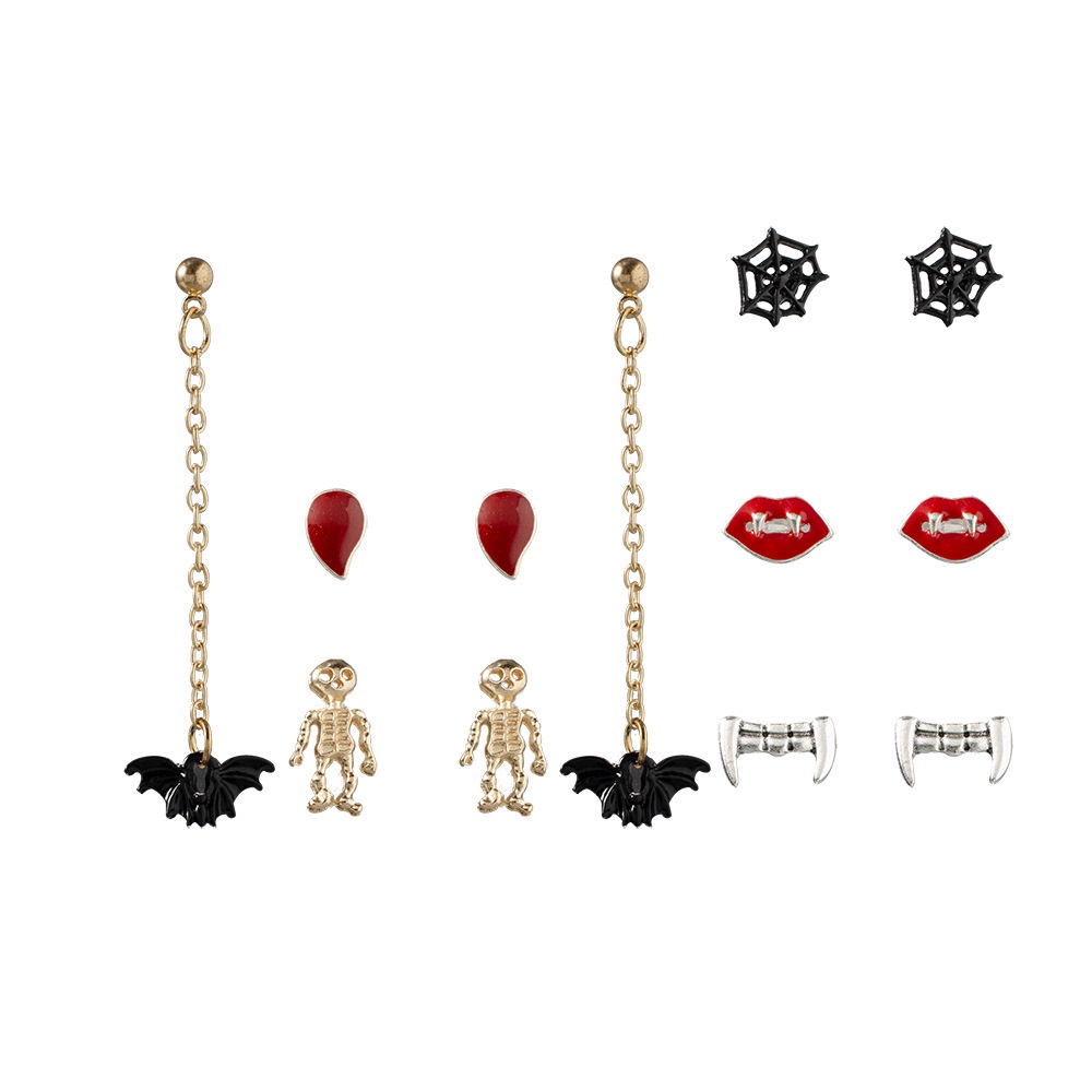 Pribadi Hip-hop Spoof Seri Set Anting-Anting Jaring Laba-Laba Darah Bibir Kelelawar Panjang Rumbai Anting-Anting 6-piece Set