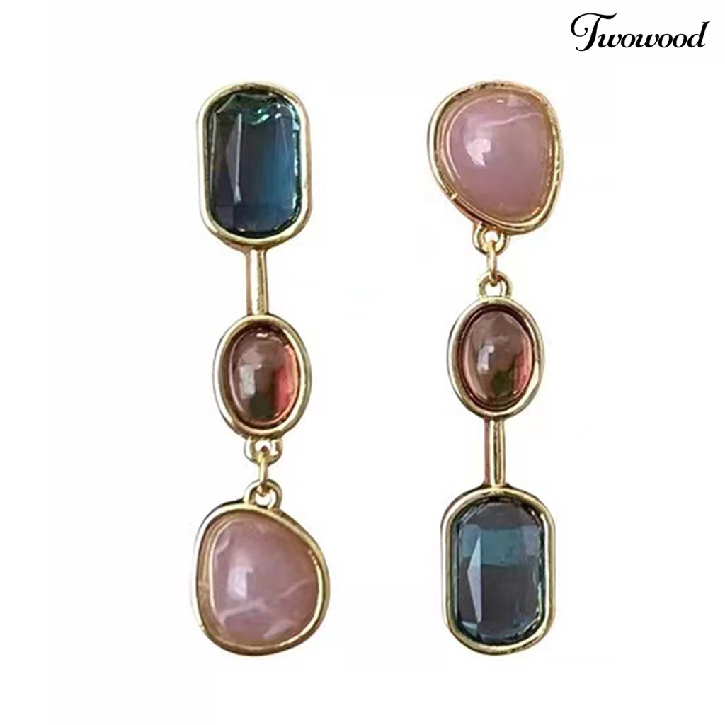 Twowood 1pasang Anting Menjuntai Medieval Asimetris Elegan Warna Kontras Batu Alam Drop Earrings Perhiasan Aksesoris