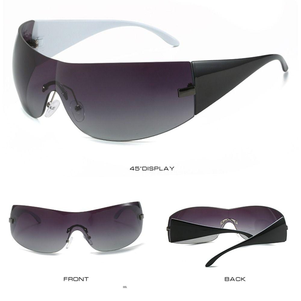 R-flower Y2K Kacamata Hitam Wanita &amp; Pria Futuristik One Piece Shades Rimless