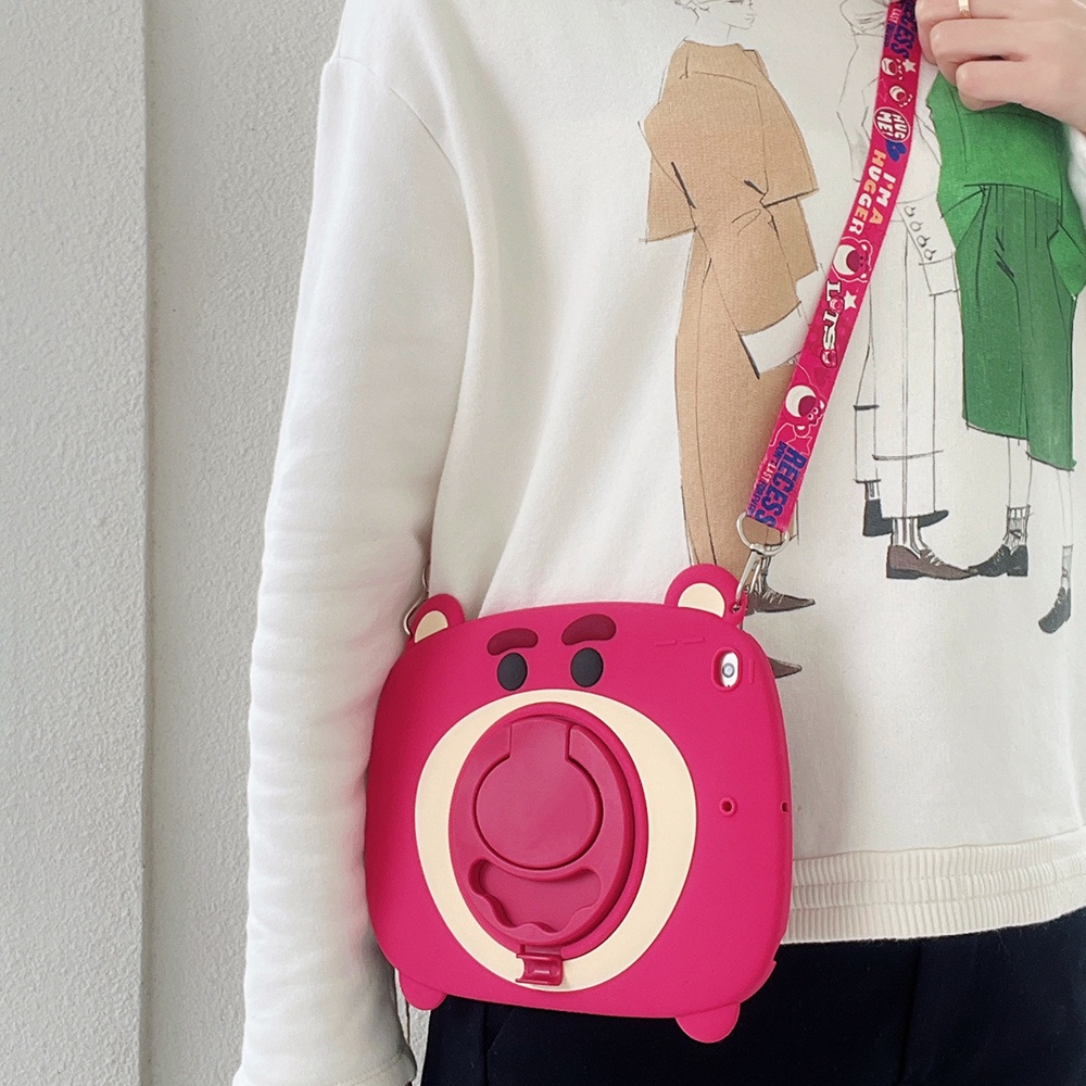 Untuk Huawei MatePad SE 10.4 (2022) AGS5-L09 AGS5-W09 Casing 10.4-inch Fashion360° Rotating Ring Stand Case Silikon Lembut Lucu Kartun Hewan Strawberry Bear Tablet Penutup Pelindung