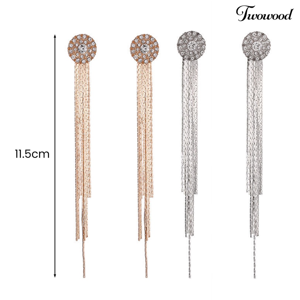 Twowood 1pasang Wanita Anting Kristal Imitasi Bersinar Rumbai Electroplating Lurus Gantung Berdandan Aksesori Panjang Rumbai Menjuntai Anting Gantung Perlengkapan Kostum