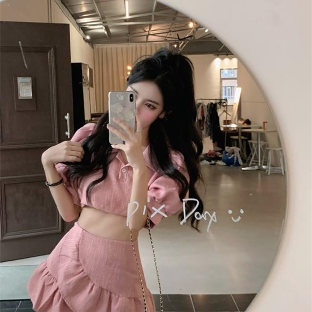 Red Salt can be sweet suit summer first love puff sleeve top ruffled skirt temperament small two-piece female