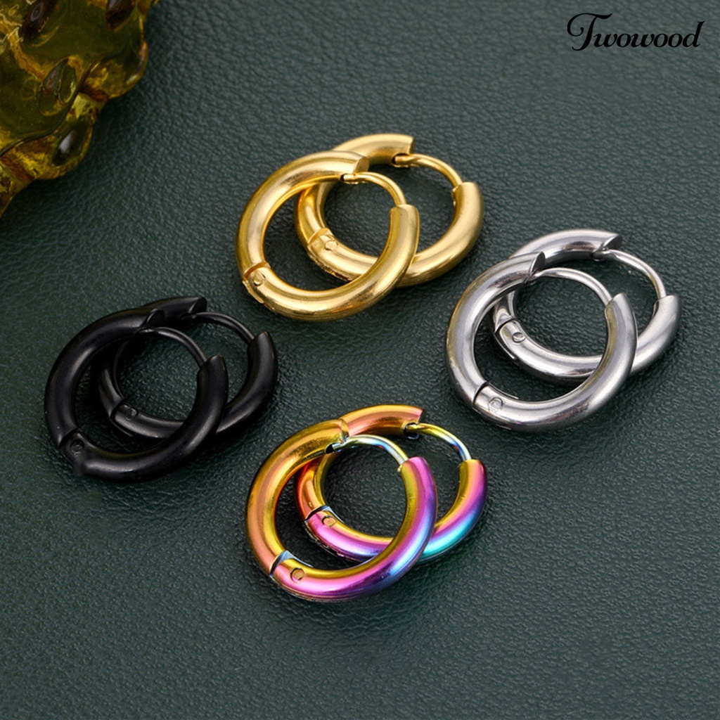 Twowood 1pasang Anting Hoop Stainless Steel Geometris Elegan Dipoles Warna Perak Anting Lingkaran Logam Fashion Perhiasan