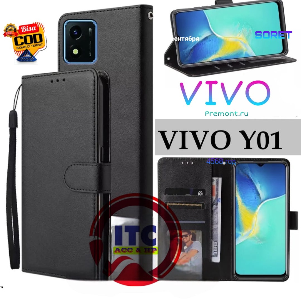 CASE PREMIUM FLIP KULIT DOMPET TYPE HP VIVO Y01 / Y15S Y15A DOMPET- FLIP COVER LEATHER-SARUNG HP PRE