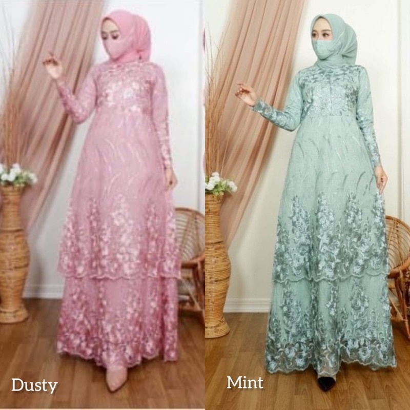 DAVINA (NEW PRODUCT) Free Masker/ Gamis Brukat Full/ Fashion Muslim Wanita/ Dress Busui / Gamis Layer Tingkat / Pesta Kondangan JUMBO XXXL