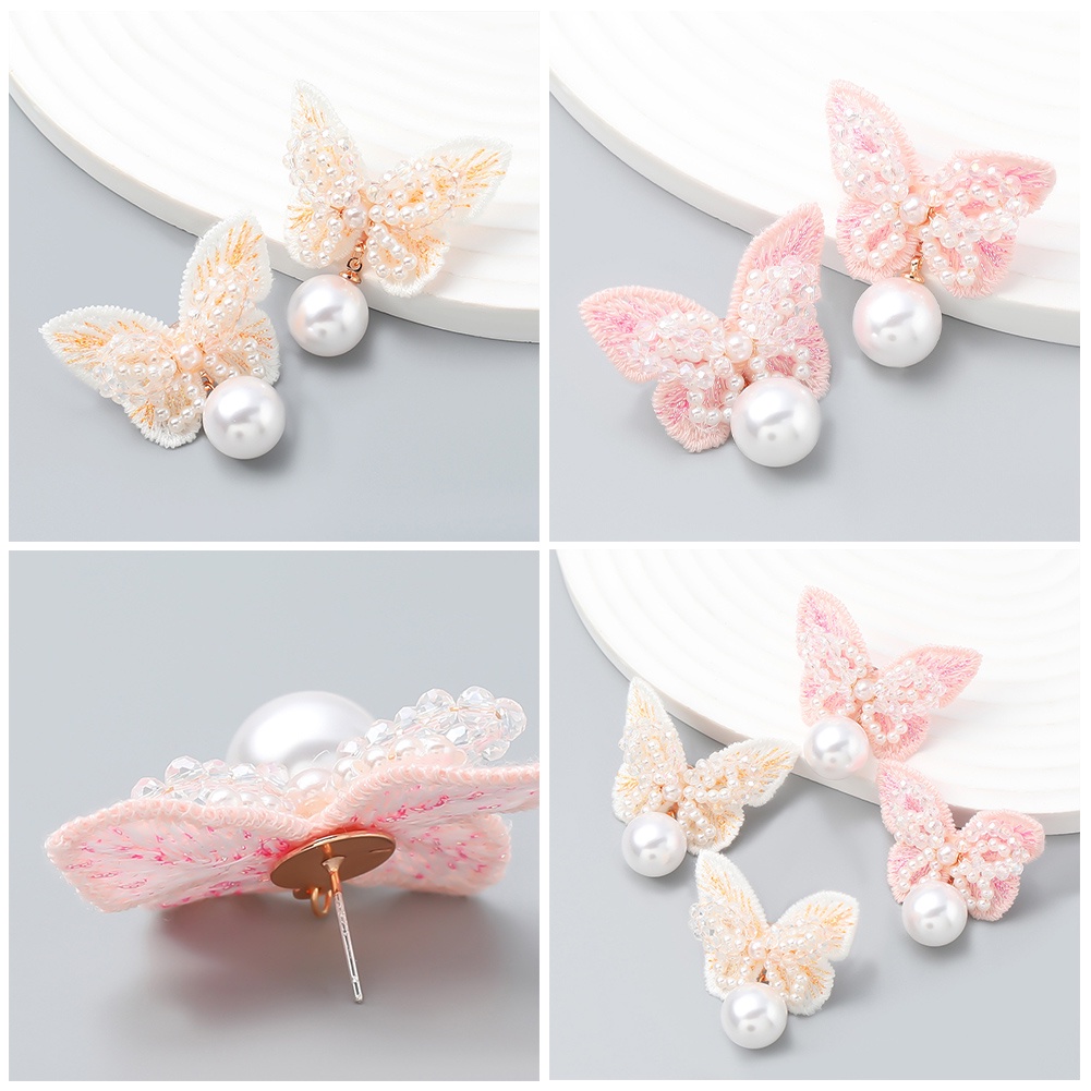 Wanita Studs Earrings Butterfly Pearl Hoop Earrings Untuk Perempuan Pink Imitasi Pearl Earring Perhiasan Hadiah Aksesoris Earing