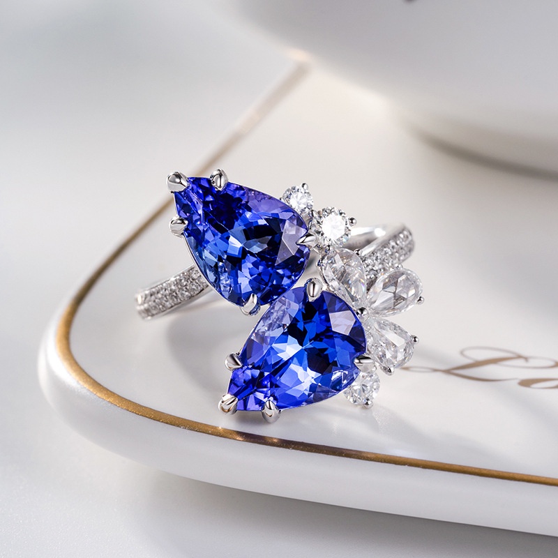 Goldkingdom Fashion Perhiasan Aksesoris Ready Stock Temperamen Baru Online Berlian Ganda Tanzania Biru Tetesan Air Pear-Berbentuk Cincin Simulasi Safir Caibao Cincin Terbuka Perempuan