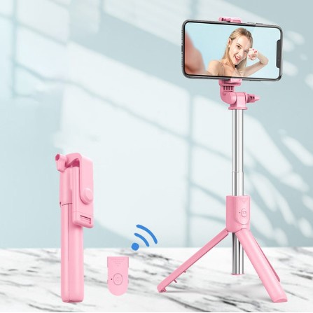 Tongsis 3 in 1 Bluetooth Tripod Selfie Stick Remote Bluetooth 70cm - Pink