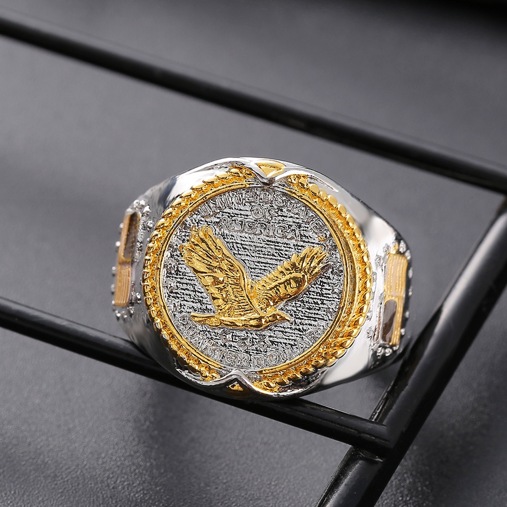 AMERICAN EAGLE Goldkingdom Fashion Perhiasan Aksesoris Ready Stock, Baru S925 Berlapis Perak Elang Cincin Elang Amerika Melambangkan Hip Hop Viking Elang Dua Warna Emas Asli Kadar 375 Kuning 18 K