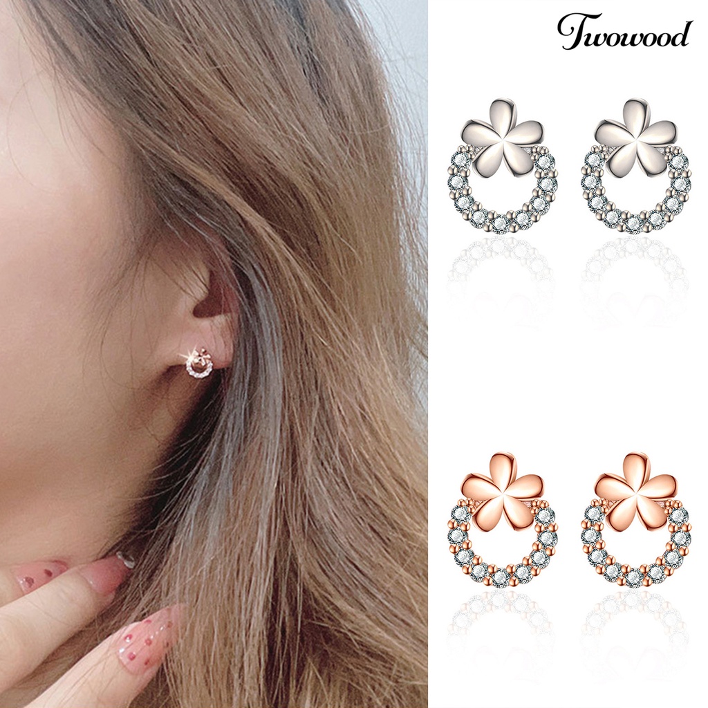 Twowood 1pasang Ear Studs Round Ring Elegan Mini Hadiah Fashion Perhiasan Sparkling Cubic Zirconia Plum Blossom Wanita Anting Untuk Harian