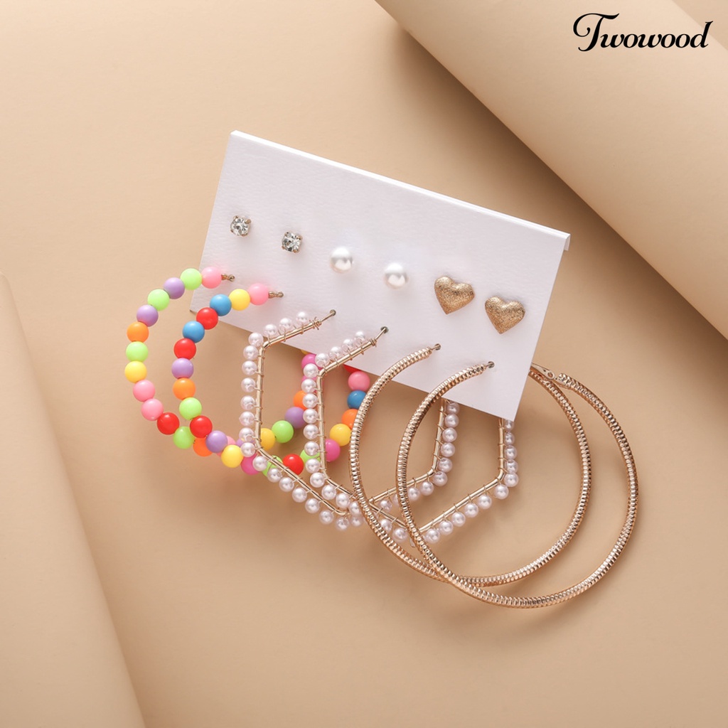 Twowood 6pasang Wanita Anting Multicolor Manik-Manik Mini Berlian Imitasi Bertatahkan Paduan Perhiasan Temperamen Telinga Dekorasi Geometris Hoop Earrings Studs Set Aksesoris Pakaian Pesta