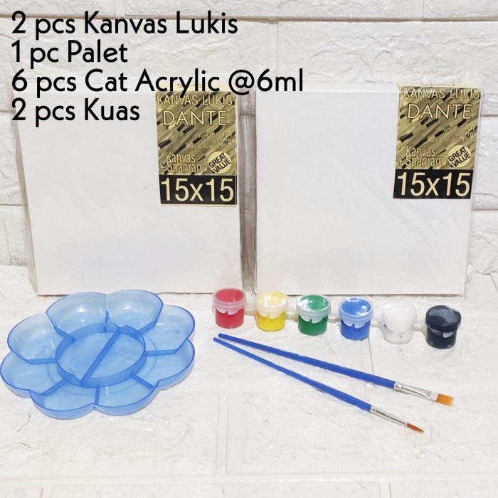 

DISKON WARNA/ Paket Melukis 2 Kanvas Lukis Cat Acrylic 6 Warna Bonus Kuas dan Palet - 15x15