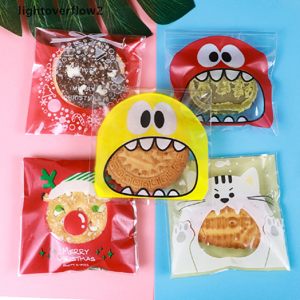 [lightoverflow2] 100pcs/pack Kartun Cookie Permen Self-Adhesive Bags Biskuit Snack Baking Bags [ID]