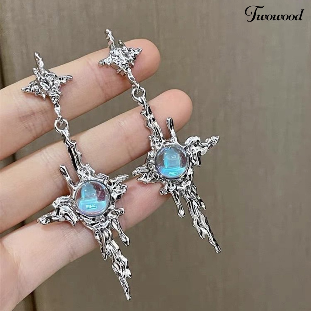 Twowood 1pasang Drop Earrings Tidak Teratur Logam Cair Panjang Rumbai Hip Hop Kilau Terang Hias Hadiah Wanita Salib Faux Moonstone Pendant Stud Earrings Perhiasan Aksesori Fashion