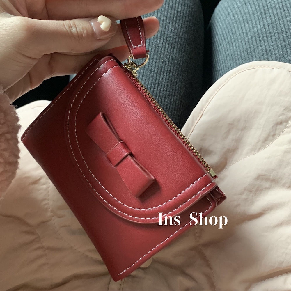 Sera Ins Shop cherry red cute mini bow purse simple ins style short wallet student card bag