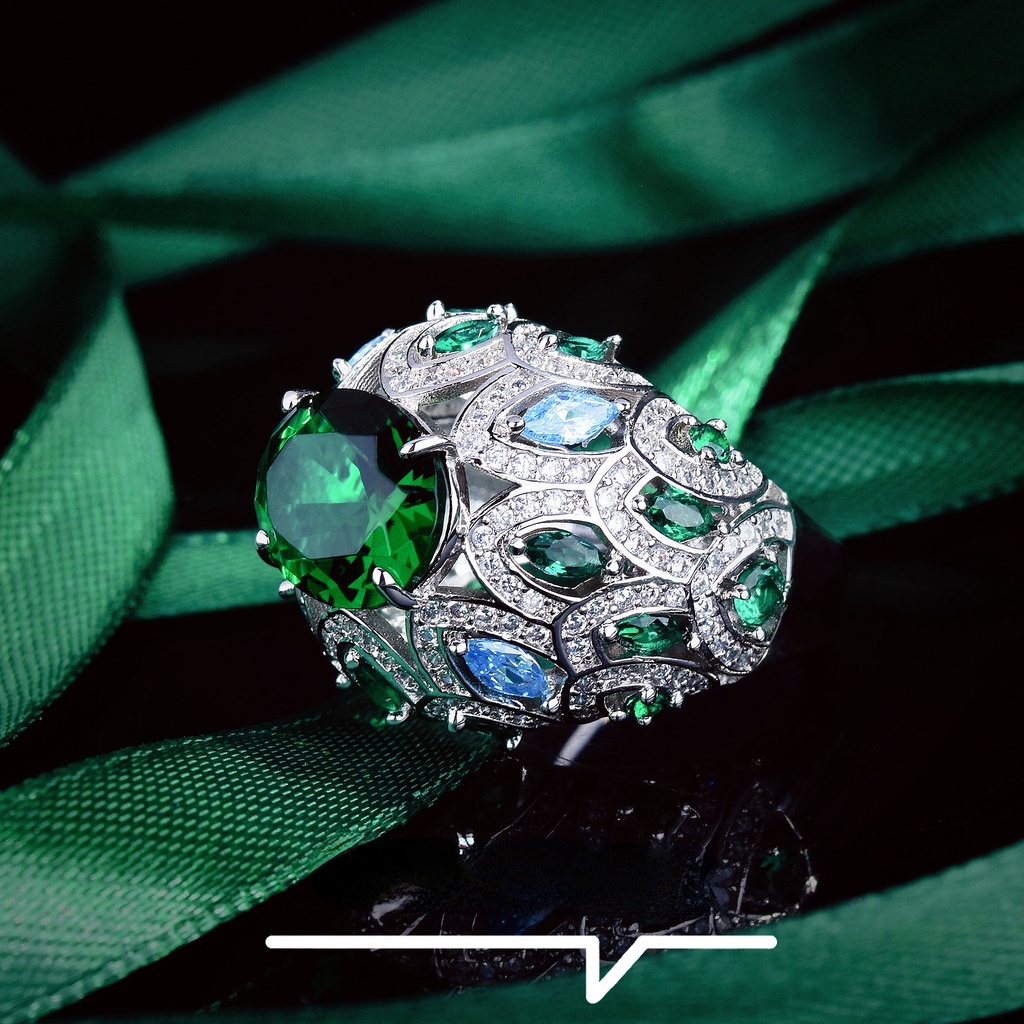 Goldkingdom Aksesoris Perhiasan Fashion Ready Stock Gaoding Jewelry Desainer Kemuliaan Raja Segalanya Mewah Micro Full Berlian Zamrud Dibuka Cincin Harta Karun Warna-Warni