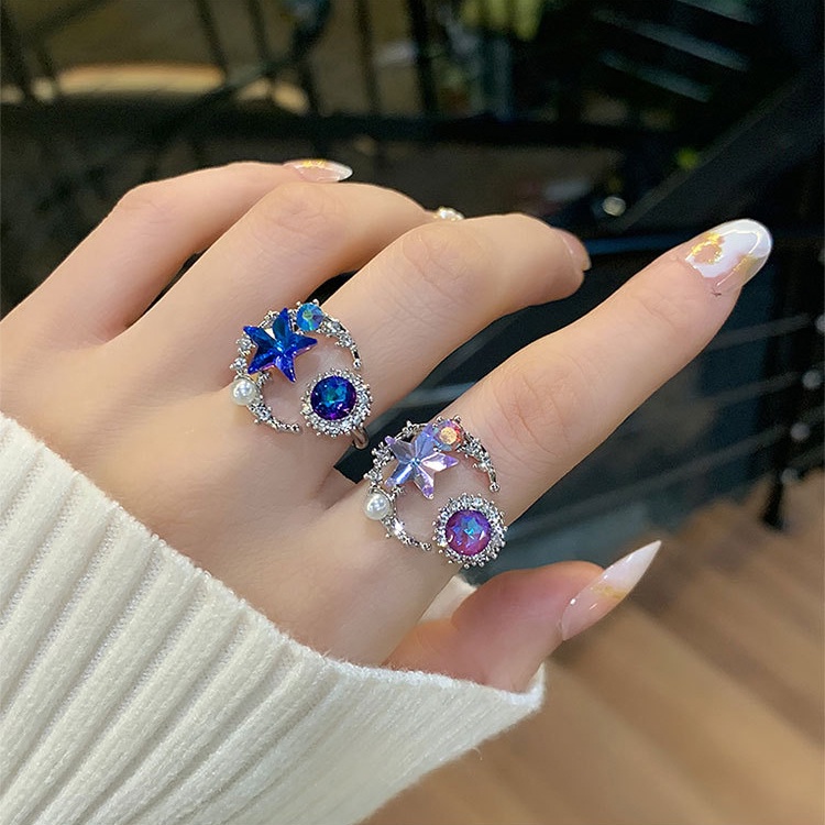 Mutiara Bulan Bintang Cincin Jari Berlian Indah Hadiah Fashion Elegan Cincin Planet Biru Sederhana Fashion Cincin Pesta Pernikahan Berlian Imitasi Bersinar Cincin Pembukaan Yang Dapat Disesuaikan Cincin