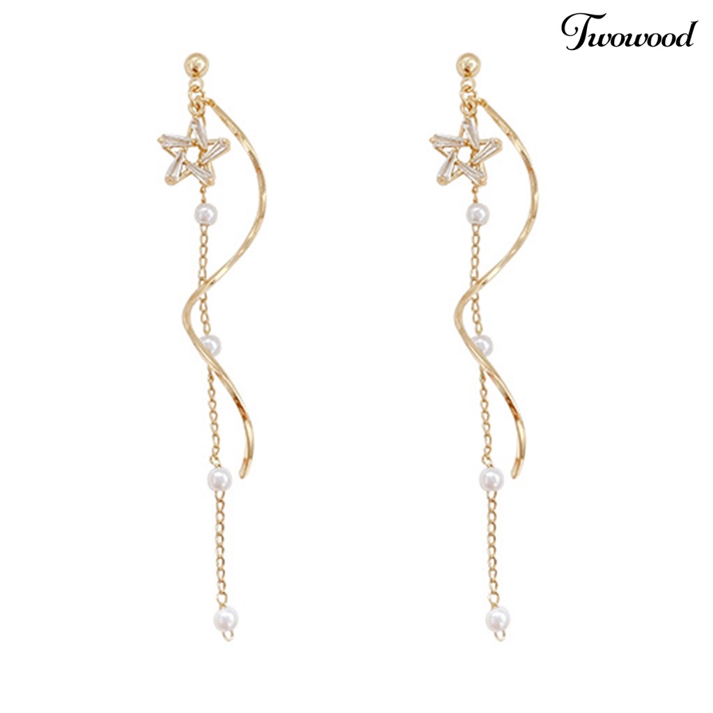 Twowood 1pasang Women Drop Earrings Shiny Star Mutiara Imitasi Panjang Rumbai Liontin Gaun Elegan Paduan Perhiasan Pesta Pernikahan Women Earrings Jewelry Hadiah Pakaian Pesta