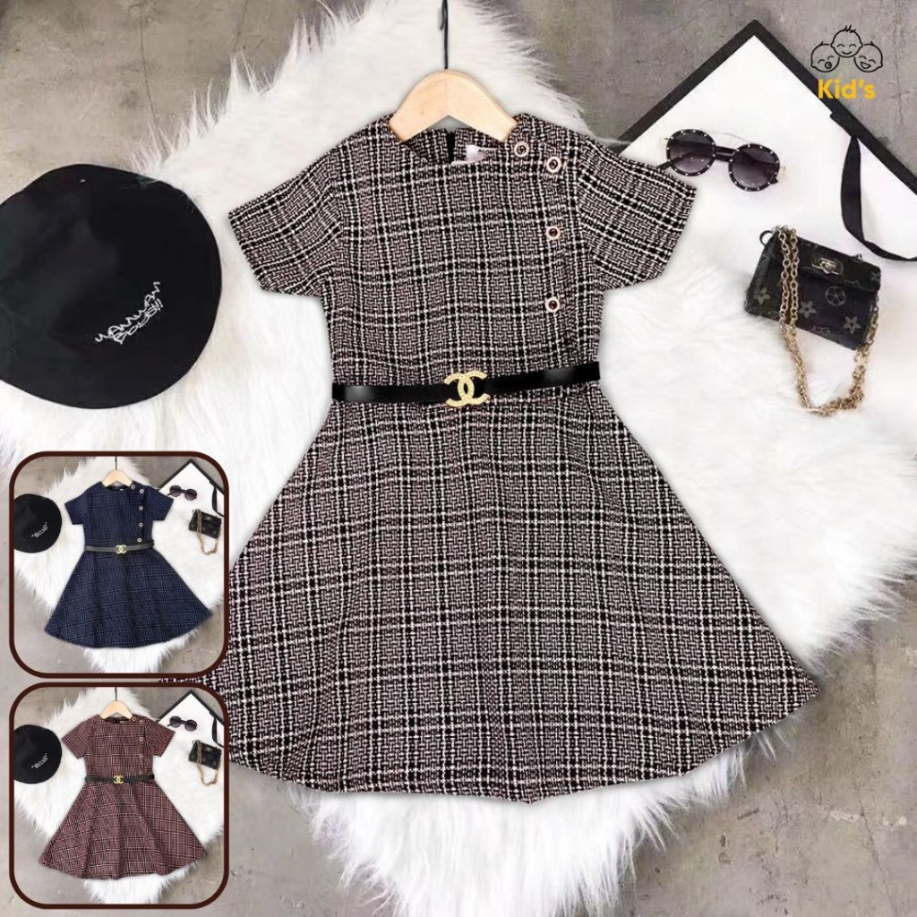 Dress Anak Cewek Tweed Motive Kancing Besar Impor
