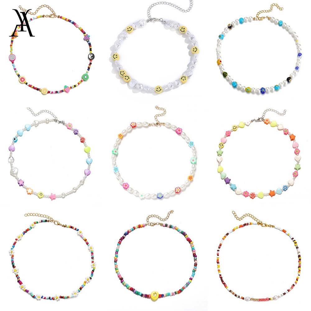 AY(CN) Kalung Choker Rantai Manik-Manik Mutiara Warna-Warni Untuk Wanita