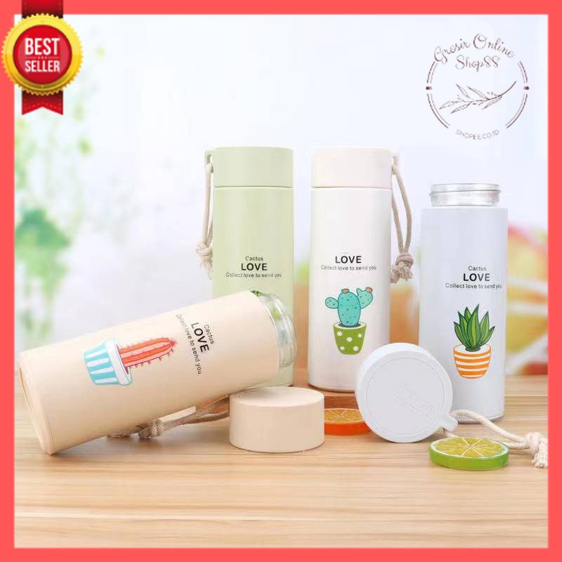 GOS -F404- Botol Minum Kaktus Thermos Kaca - Botol Kaca Minum Botol Motif Cactus Love 450ml