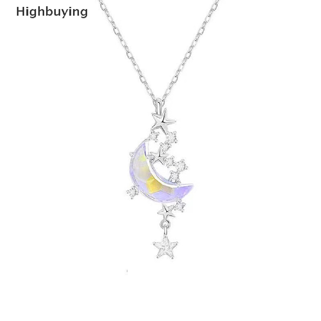 Hbid Bintang Bulan Moonstone Titanium Steel Rantai Kalung Wanita Romantis Batu Mengkilap Liontin Kalung Pesta Pernikahan Fashion Perhiasan Glory