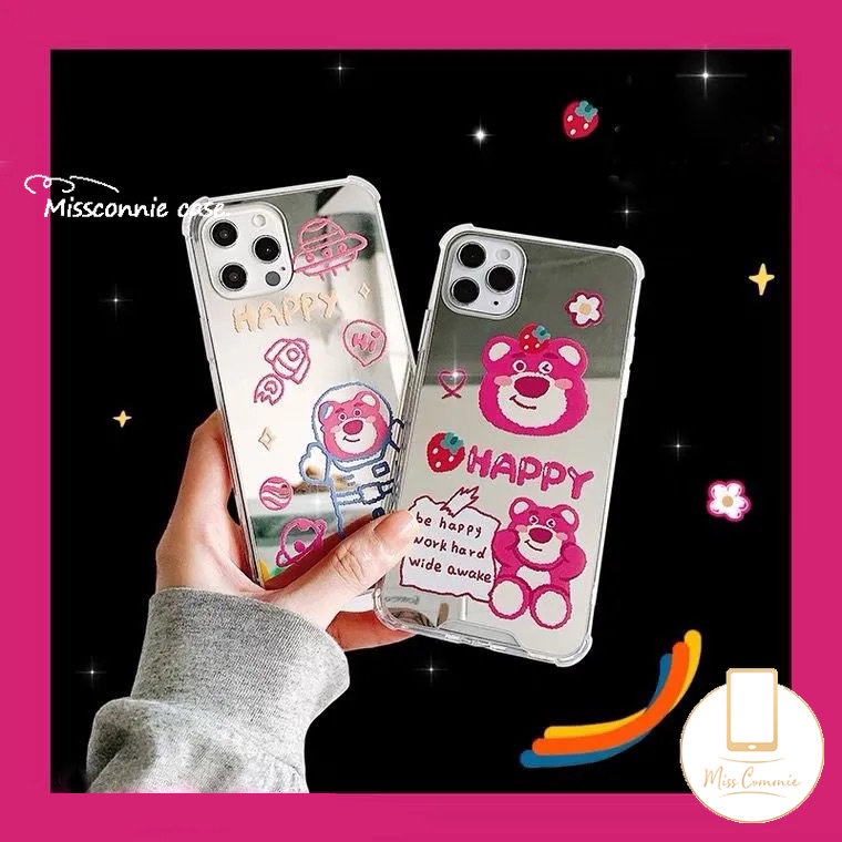 Kartun Astronot Manyo Casing Ponsel Kompatibel Untuk iPhone 7plus 11 13 12 Pro MAX XR 7 8 Plus X XS MAX SE 2020 Beruang Strawberry Lucu Shockproof Make Up Mirror Soft Cover