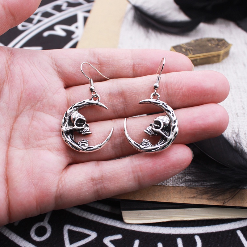 1pasang Anting Liontin Tengkorak Gaya Gotik/Fashion Retro Crescent Skeleton Drop Earrings Untuk Wanita