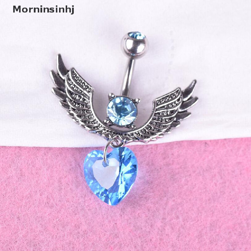 Mornin 16G Double Permata Kristal Hati Sayap Pusar Belly Button Cincin Perhiasan Tubuh id