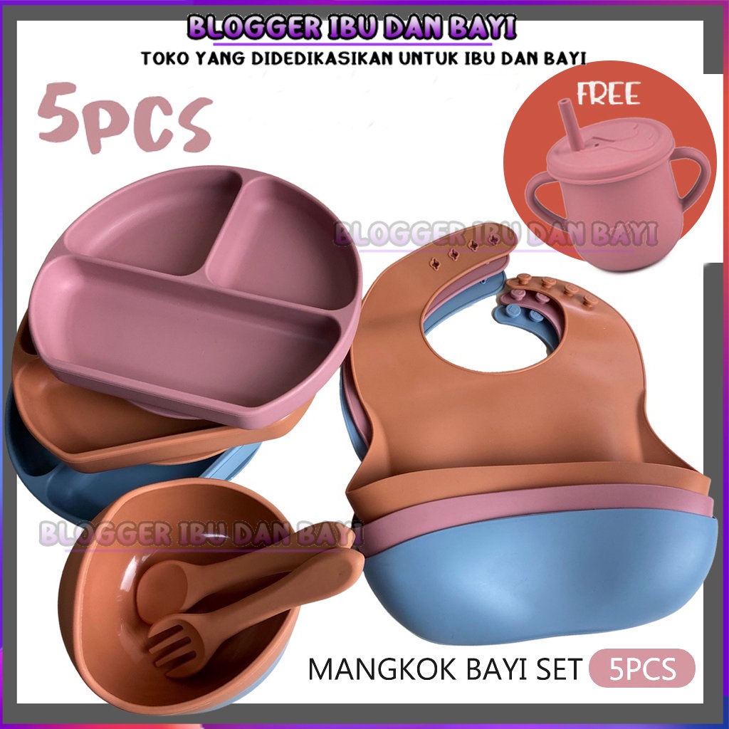 SET 5 Pcs Tempat Makan Silicon SUCTION Dengan Bib Peralatan Makan Anak Murah Tableware Silikon Anak Import Bib Gelas Mangkok Piring Silicone 4