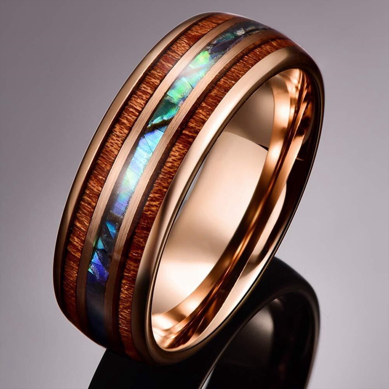 Pria Wanita Kepribadian Fashion Kayu Barel Stainless Steel Cincin Serat Kayu Hitam Bertatahkan Kepribadian Pertunangan Pernikahan Ring