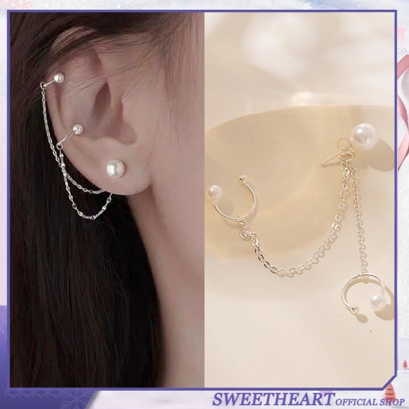 Star S925 Simple Silver Needle Atmosphere Pearl Earrings Ear Clip Siamese Temperament Ear Clip Female SWEET HEART JEWELRY