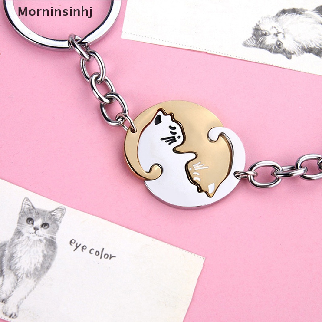 Mornin 1pasang Lucu Kucing Hitam Gantungan Kunci Patchwork Hati Bulat Pasangan Pecinta Keyring Stainless Steel Ransel Kunci Mobil Gantungan Perhiasan id