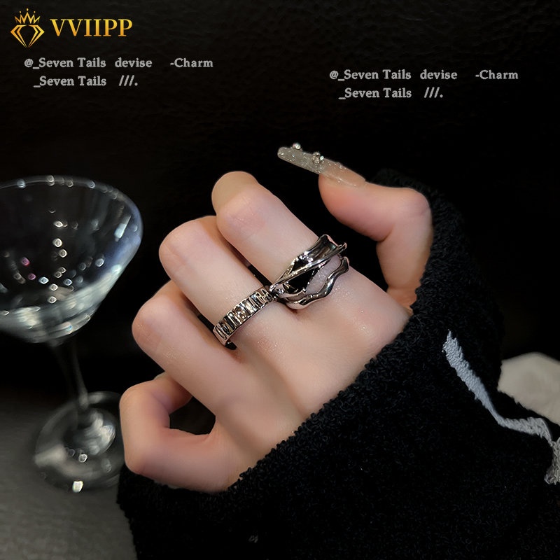 2pcs/set Cincin Permata Persegi Hitam Tidak Teratur Yang Dipersonalisasi Set Cincin Terbuka Perak Tiga Lapis Untuk Aksesoris Perhiasan Wanita