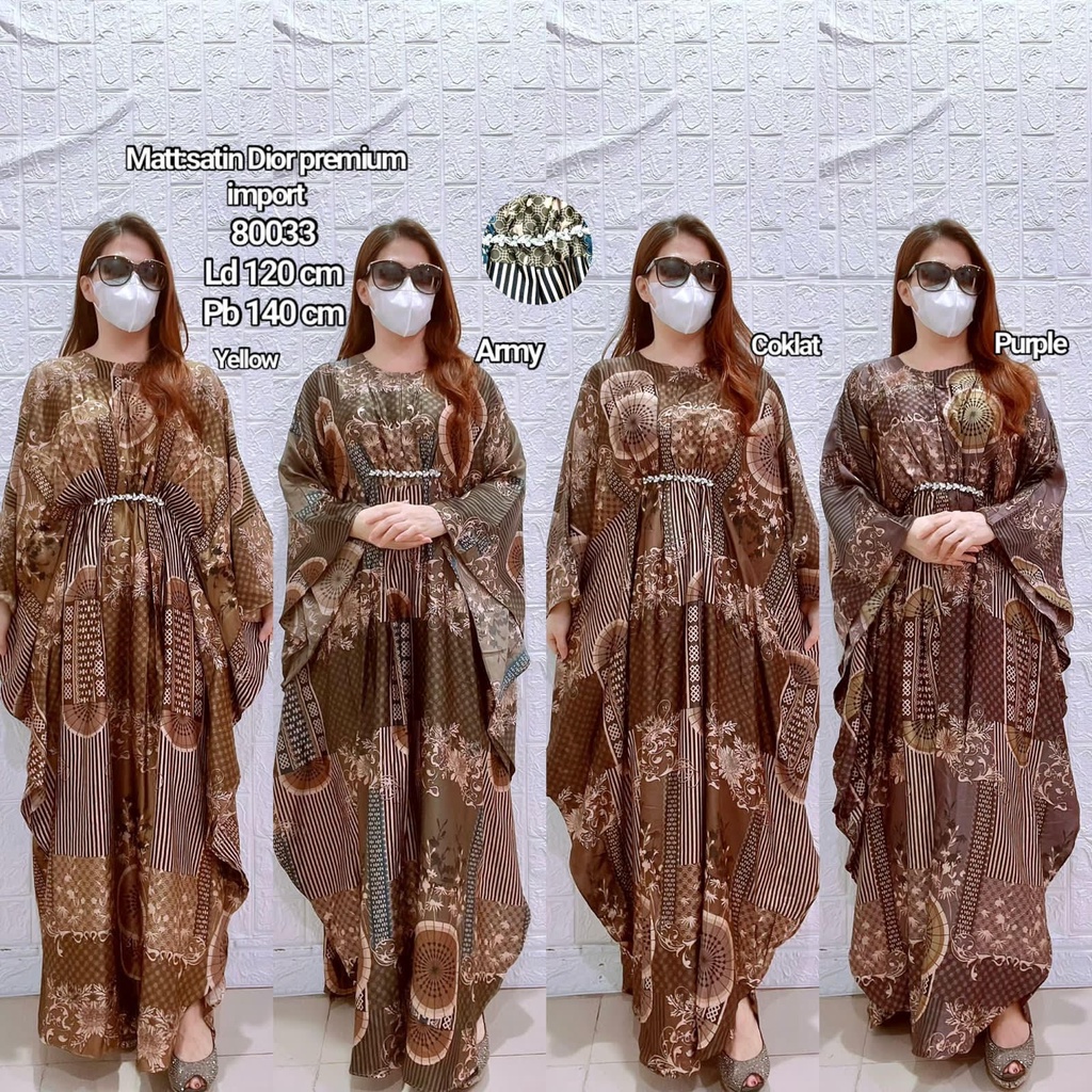 80033 / Kaftan Dress Satin Dior Premium Jumbo Ld 120 / Long Dress Mewah Bahan Tebal Motif Kebaya Bat