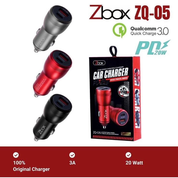 PLUG IN MOBIL SAVER CAS CASAN CAR CHARGER MOBIL ZBOX ZQ-05 3A Fast Charging 2 usb Qualcomm QC 3.0 + PD 20Watt Include Usb