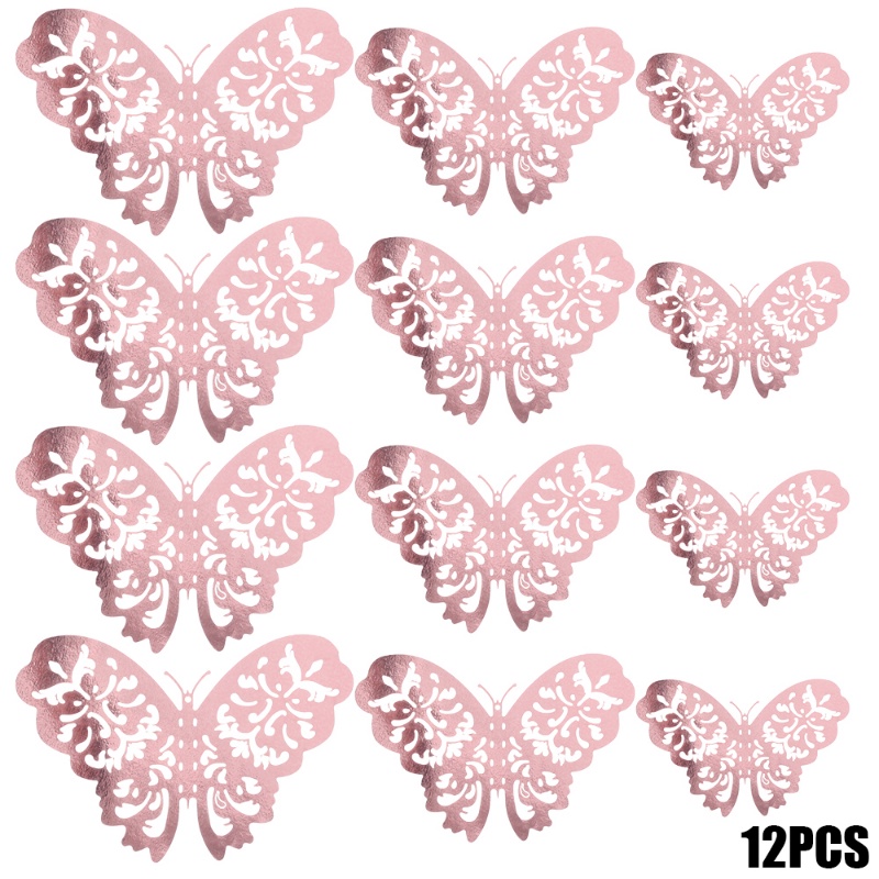 12pcs Topper Kue Kupu-Kupu Berongga 3D/Rose Gold Ukiran Butterfly Art Craft Paper Untuk Dekorasi Kue Pesta Ulang Tahun