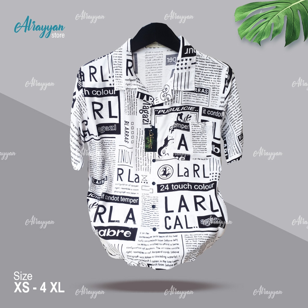 Alrayyan Store - Kemeja Hawai Rayon Motif Newspaper Lengan Pendek Men And Women Baju Santai Hawalili