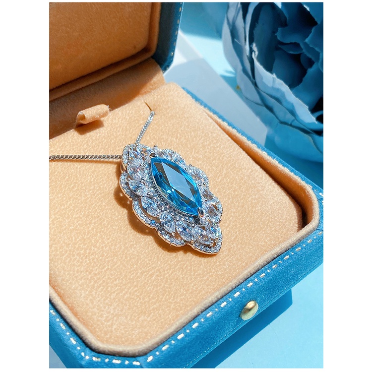 Goldkingdom Aksesoris Perhiasan Fashion Ready Stock Desain Perhiasan Tinggi Bentuk Mata Kuda Tanah Berat Set Berlian Karbon Tinggi Aquamarine Topaz Kalung Cincin Set