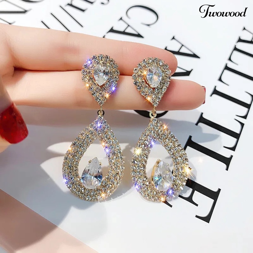 Twowood 1pasang Anting Menjuntai Berlian Imitasi Mengkilap Hias Berlebihan Berkilau Geometris Hias Hadiah Wanita Water Drop Pendant Stud Earrings Perhiasan Untuk Perjamuan