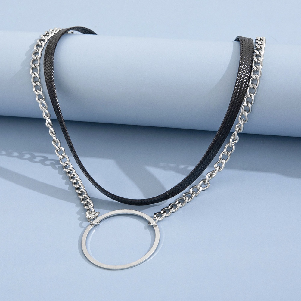 Fashion Kepribadian Fashion Retro Ganda Kalung Kulit Lingkaran Logam Kalung 1 Pcs