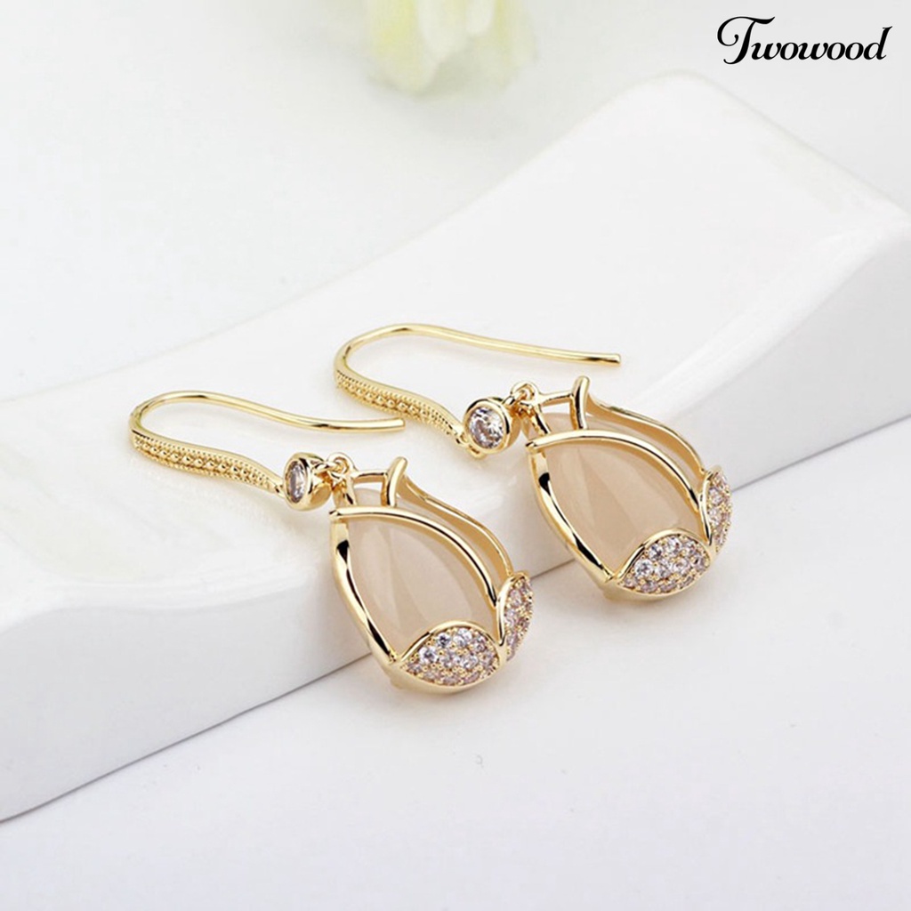 Twowood 1pasang Liontin Anting Tulip Liontin Bersinar Berlian Imitasi Inlay Geometris High-end Berdandan Hypoallergenic Mewah Wanita Cubic Zirconia Bunga Telinga Kait Perlengkapan Kostum