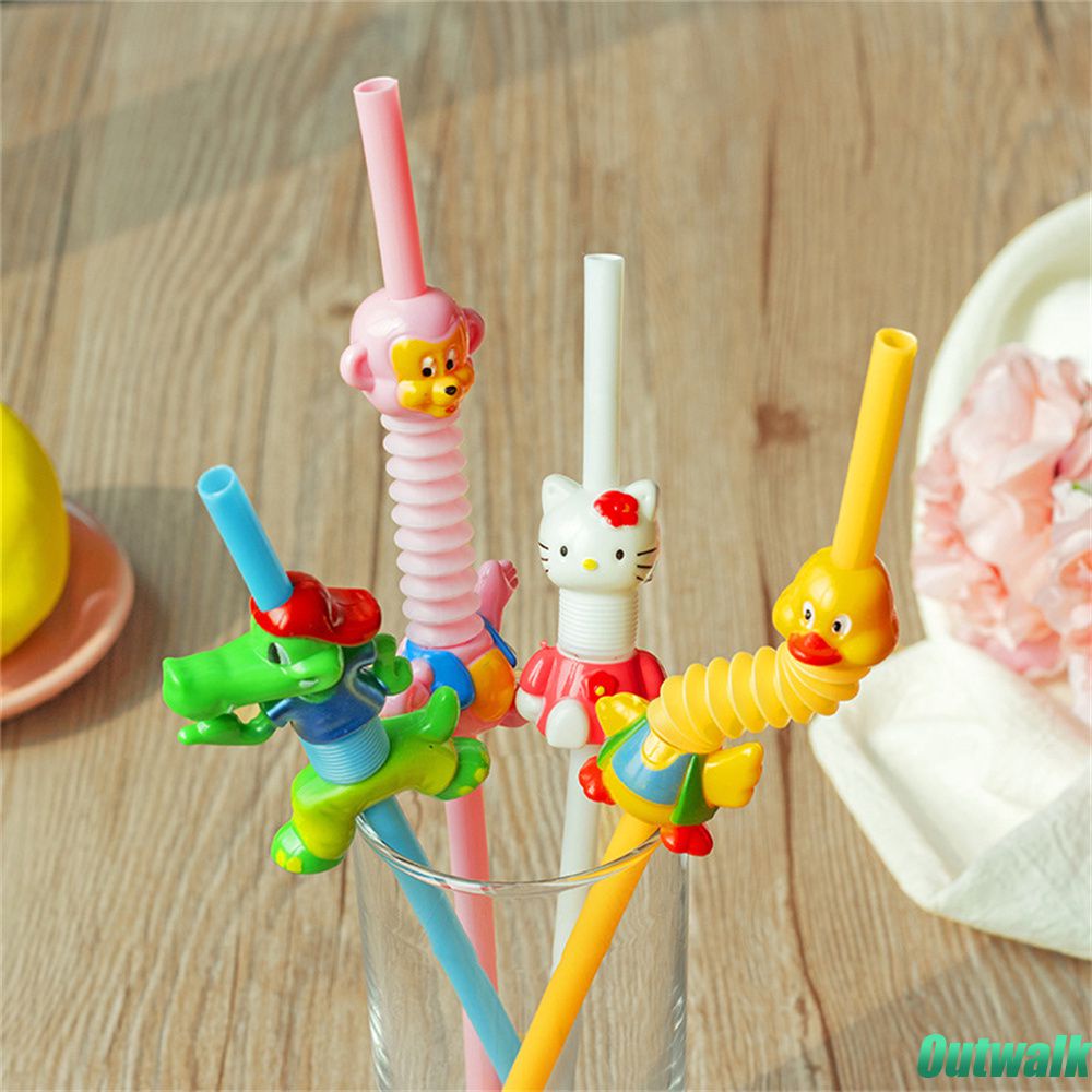 ღ Dapat Digunakan Kembali Kartun Jerami Bent Minum Sedotan Plastik Warna-warni Lucu Hewan Jerami Sikat Dekorasi Pesta Bar Dapur Cangkir Minum aksesoris