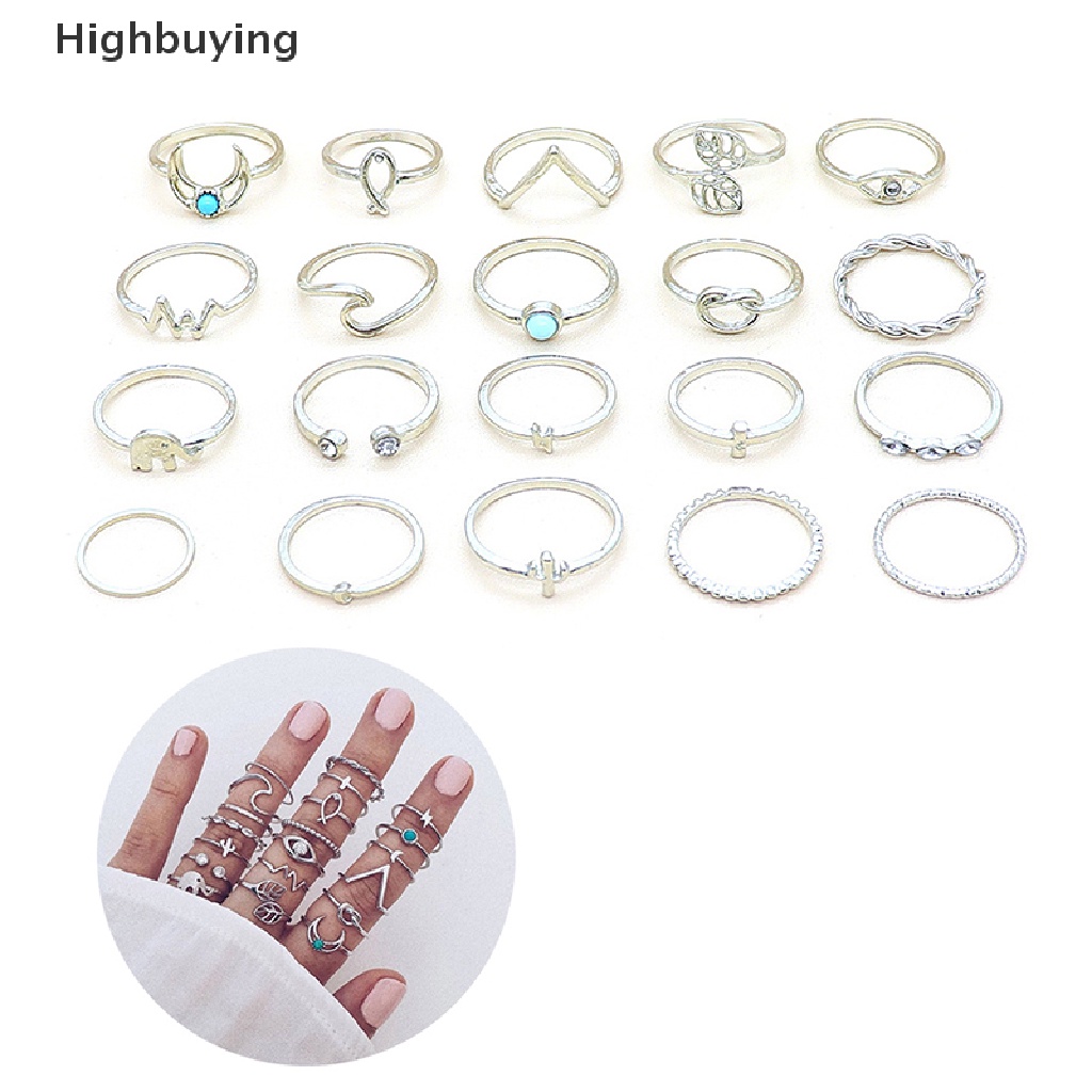 Hbid 20pcs/Set Warna Perak Gajah Daun Gelombang Bulan Kristal Geometris Bersama Cincin Set Wanita Pesta Pernikahan Perhiasan Aksesoris Glory